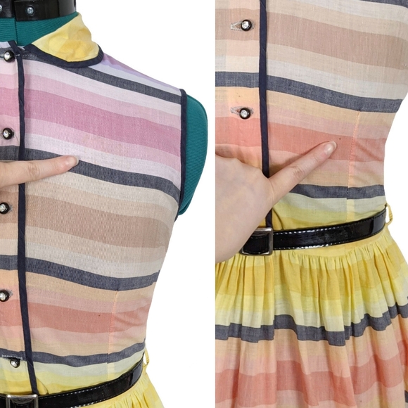 1950s Rainbow Dress 50s Vintage Fit N Flare Summer Tea Retro XS Rhinestone RARE - Picture 9 of 11